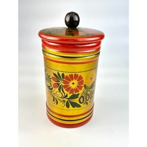 Vintage USSR Khokhloma Folk Art Wood Canister Hand Painted Gold Red Floral